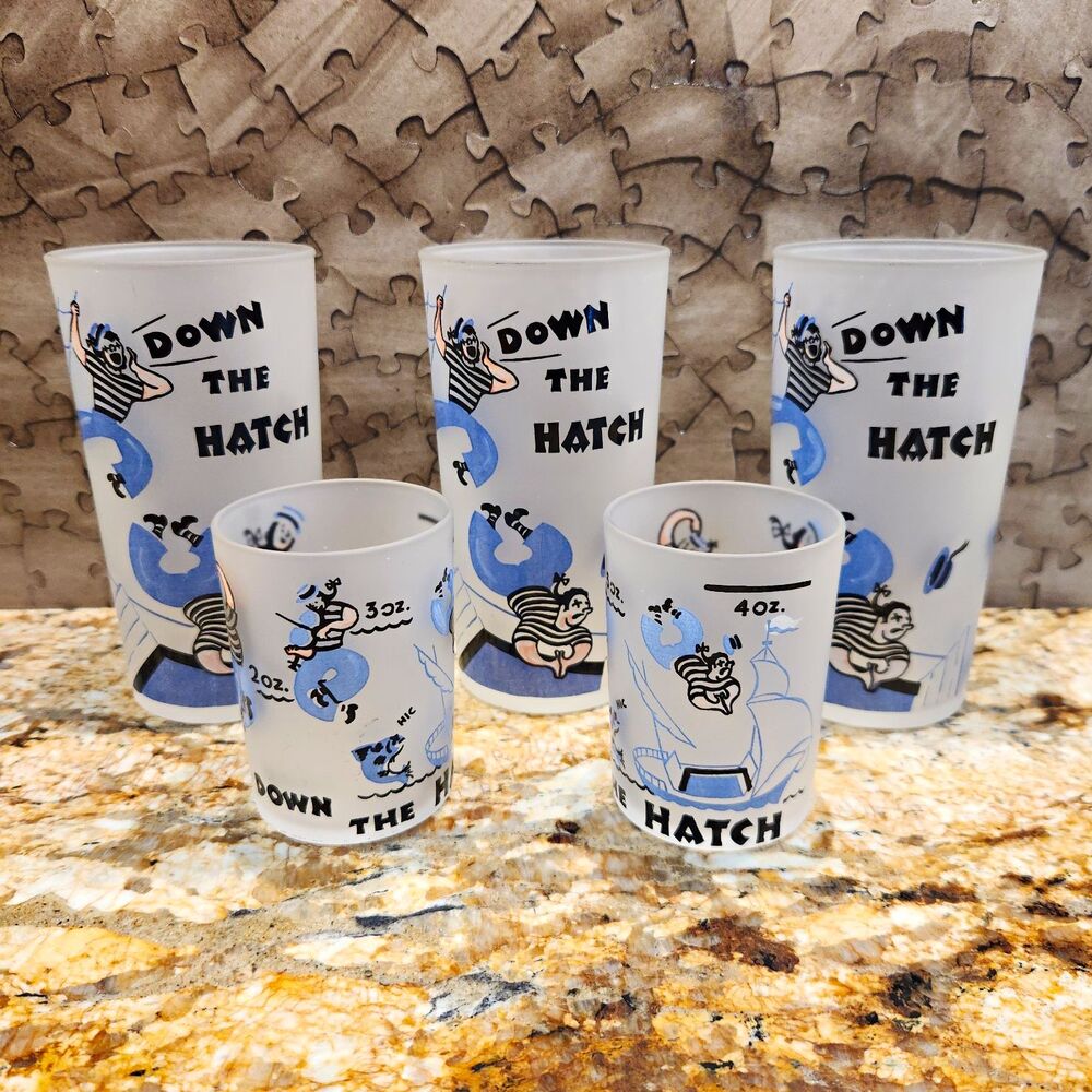 Vintage Hazel Atlas Barware Set 5 Pc Frosted Glass Down The Hatch Nautical